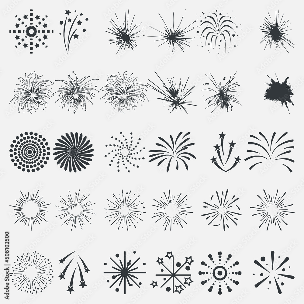 Firework icon set with petard, stars. Festival and event, celebrate and party. Vector