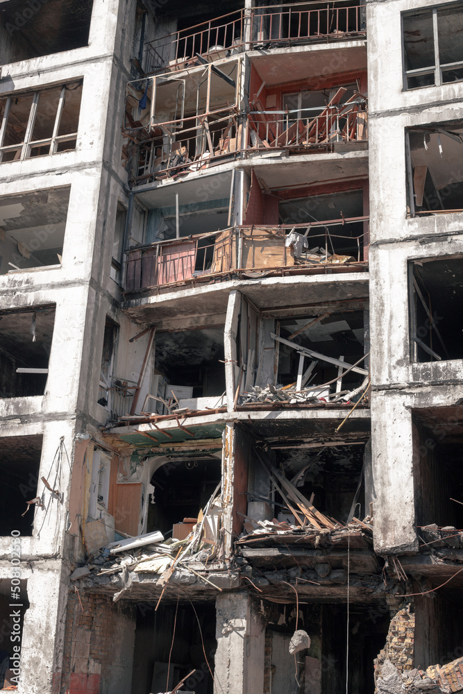 Residential high-rise building after a strong fire