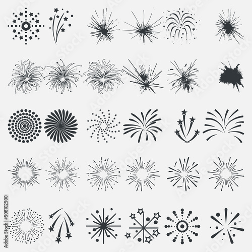 Firework icon set with petard, stars. Festival and event, celebrate and party. Vector