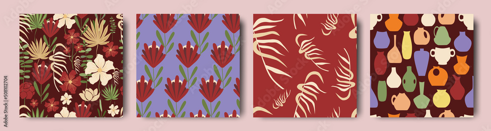 Modern botanical floral abstract set of seamless patterns , flowers and plants , vases in fashion technique , bard red and sand tones.  Trendy design for print, paper, packaging, cover, fabric, vector