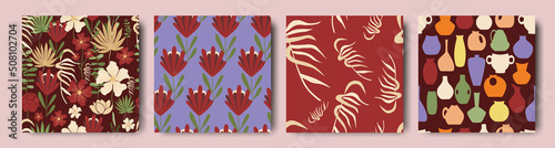 Modern botanical floral abstract set of seamless patterns , flowers and plants , vases in fashion technique , bard red and sand tones.  Trendy design for print, paper, packaging, cover, fabric, vector