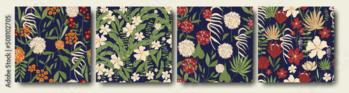 Modern botanical floral abstract set of seamless patterns , flowers and plants in trendy technique , bard, blue and sand tones.  Design for print, paper, packaging, cover, fabric, vector
