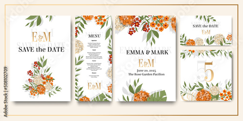 Wallpaper Mural Set of wedding invitations, set of fashionable templates for design , vector - save the date, wedding menu, table number, invitation. Orange and beige flowers , greenery.  Torontodigital.ca