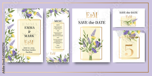 Set of wedding invitations, set of fashionable templates for design , vector - save the date, wedding menu, table number, invitation. Lilac and  yellow flowers, lavender and greenery, vector