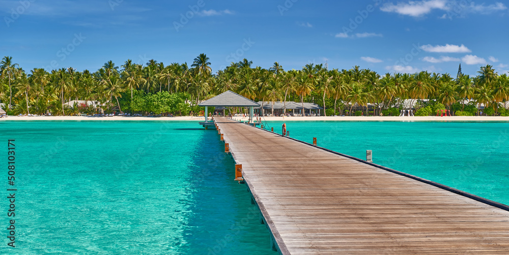 Travel, tourism and relaxation in the resort of the Maldives. Paradise tropical beach. Paradise tropical beach. The best place for holidays and health