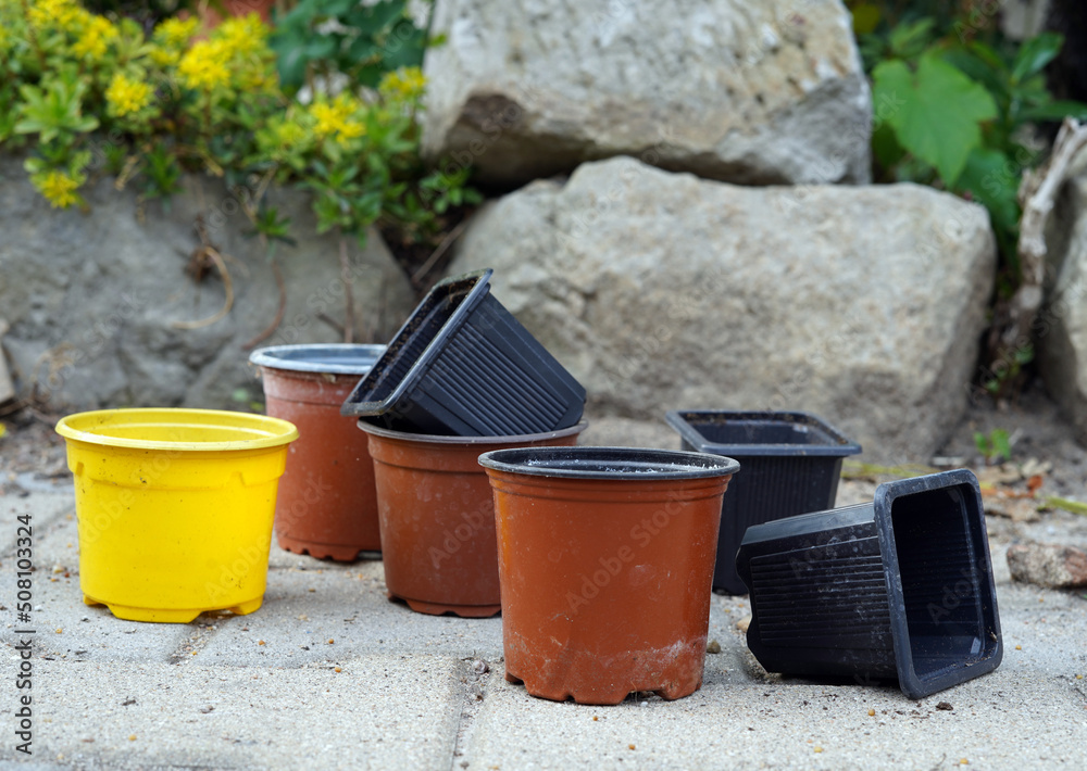 Naklejka premium Plastic small flower pots. It stands outside on the interlocking paving.