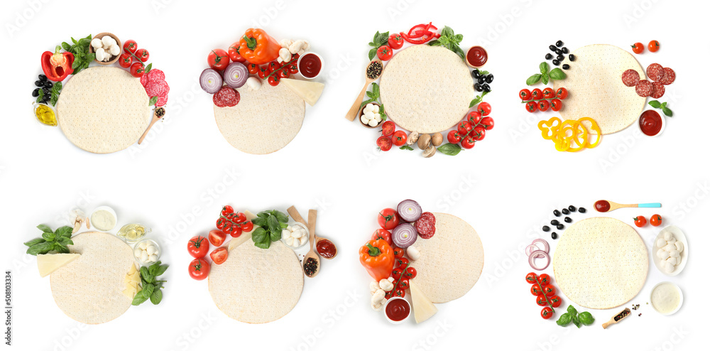 Set with dough and different ingredients for tasty pizzas on white background, top view. Banner design Set with dough and different ingredients for tasty pizzas on white background, top view. Banner design