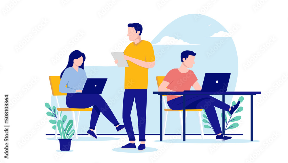 Casual working people - Group of employees characters doing office work on white background. Flat design vector illustration