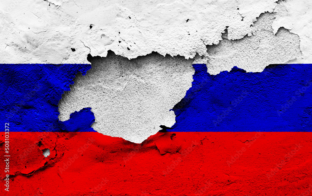 Graphic Concept of a damaged Flag of Russia painted on a wall.