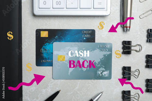 Flat lay composition with cashback credit cards, calculator and stationery on light grey marble background
