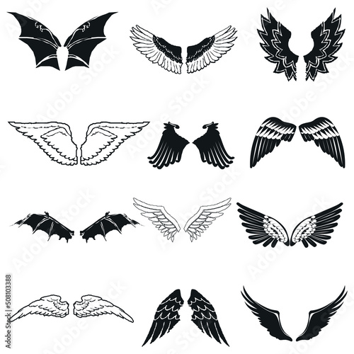 Wing icons set in simple ctyle. Birds and angel wings set collection vector illustration