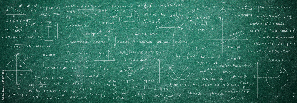 Many different math formulas written on chalkboard. Algebra and Geometry - obrazy, fototapety, plakaty 