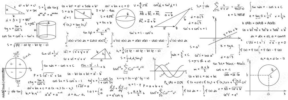 Many different math formulas on white background, illustration. Algebra and Geometry