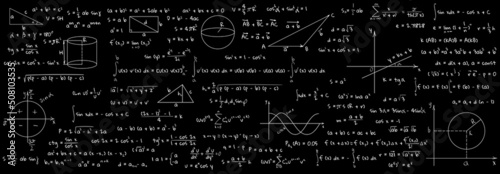 Many different math formulas written on blackboard. Algebra and Geometry