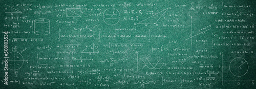 Fotografie, Obraz Many different math formulas written on chalkboard