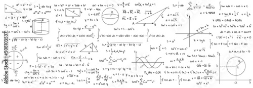 Fotografie, Obraz Many different math formulas on white background, illustration