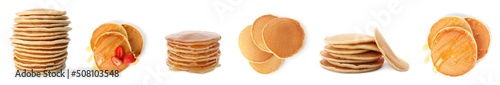 Set with tasty pancakes on white background. Banner design