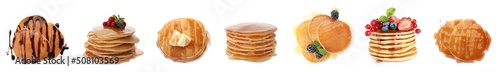Set with tasty pancakes on white background. Banner design