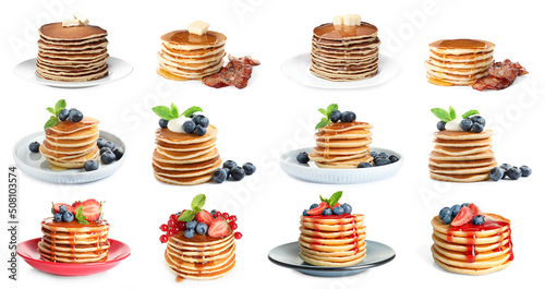 Set with tasty pancakes on white background
