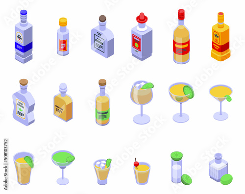 Tequila icons set isometric vector. Mexico shot. Alcohol coctail
