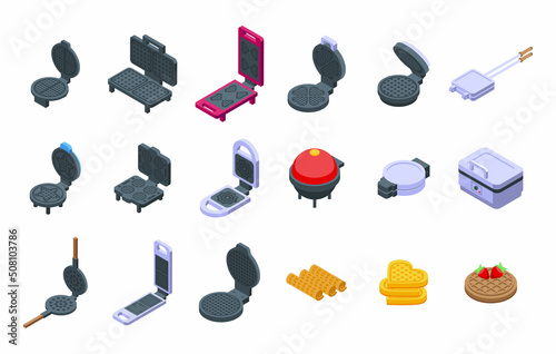 Waffle maker icons set isometric vector. Pancake baking. Cook breakfast