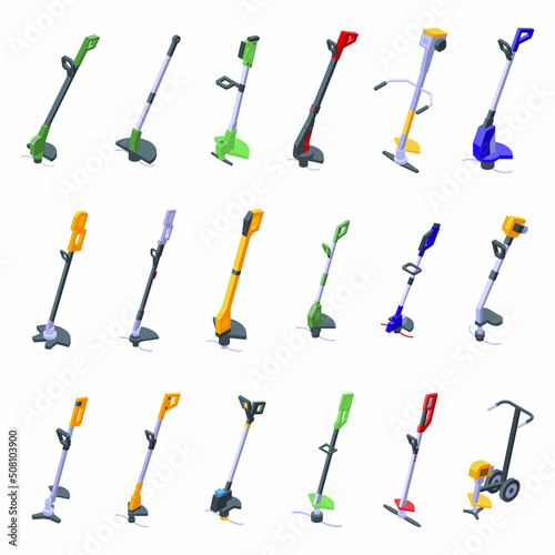 Garden trimmer icons set isometric vector. Clipper backyard. Care cutter