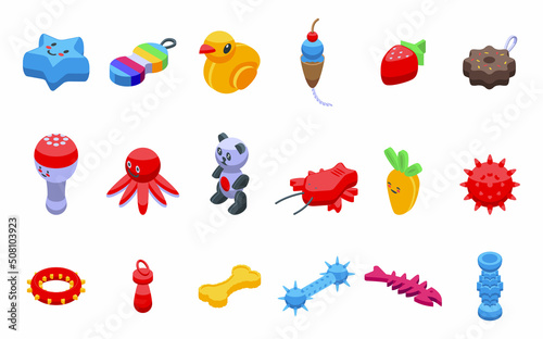 Pet toys icons set isometric vector. Cat animal. Dog friend
