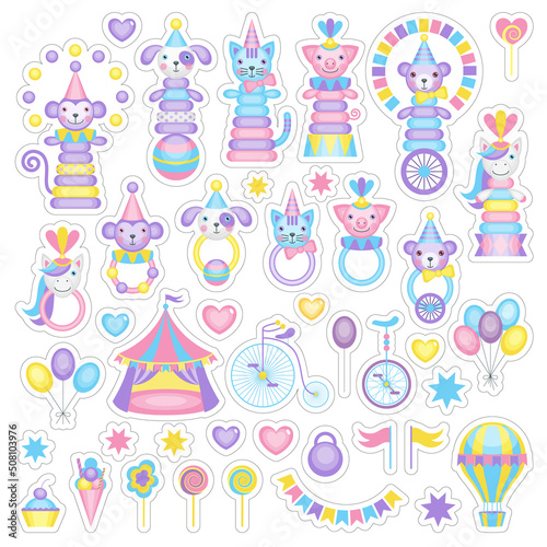 Children's stickers on a circus theme. Cartoon animal toys in circus costumes.