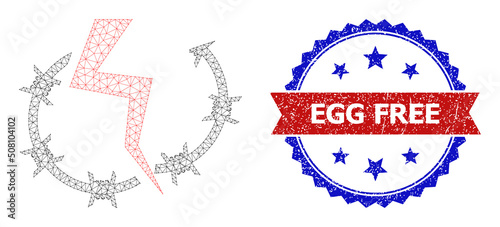 Net freedom polygonal frame icon, and bicolor rubber Egg Free seal stamp. Red seal contains Egg Free tag inside ribbon and blue rosette. Vector carcass polygonal net freedom icon.