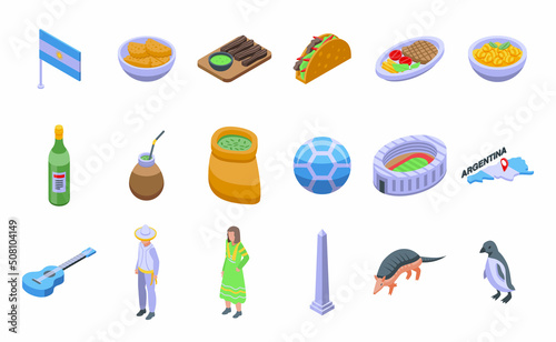 Argentina icons set isometric vector. Travel culture. Patagonia map
