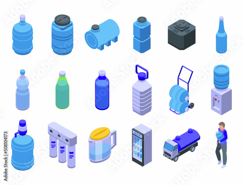 Water delivery icons set isometric vector. Cooler gallon. Bottle delivery