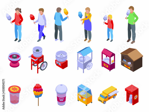 Cotton candy seller icons set isometric vector. Food carnival. Fast fair