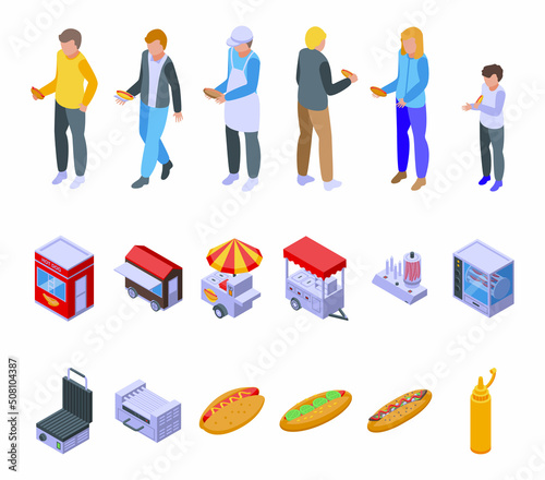 Hot dog seller icons set isometric vector. People kiosk. Stand seller