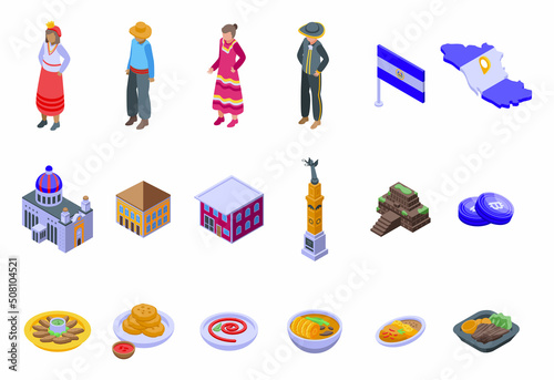 El Salvador icons set isometric vector. Flag country. Freedom culture photo