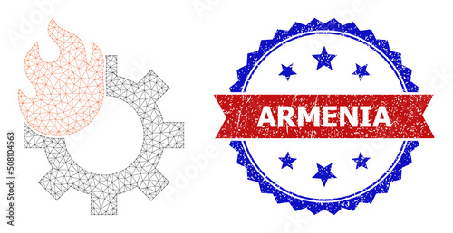 Net mesh hot gear polygonal carcass icon, and bicolor rubber Armenia seal. Red stamp seal has Armenia text inside ribbon and blue rosette. Vector carcass polygonal mesh hot gear icon.