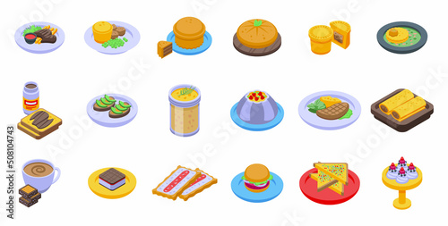 Australian cuisine icons set isometric vector. Cake dish. Breakfast apple