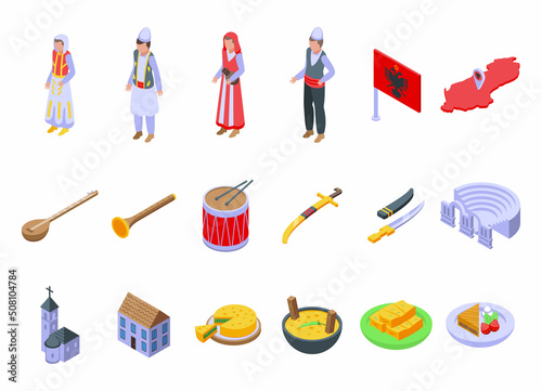 Albania icons set isometric vector. Area map. Flag country