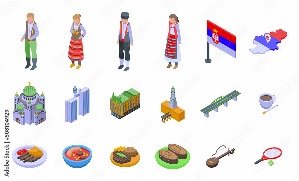 Serbia icons set isometric vector. Country flag. Travel map Serbia icons set isometric vector. Country flag. Travel map