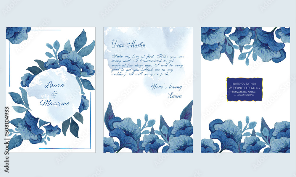 Watercolor floral wedding invitation card set vector blue flower and ...