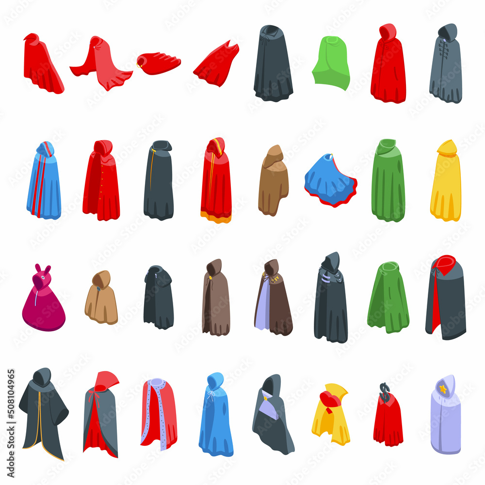Cloak icons set isometric vector. Magic vampire. Cape cloth Cloak icons set isometric vector. Magic vampire. Cape cloth
