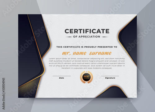 Gradient golden luxury certificate template, gold and black color certificate design, multipurpose, simple and elegant design.