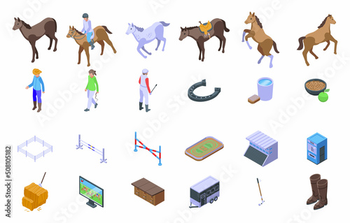 Hippodrome icons set isometric vector. Horse track. Animal game