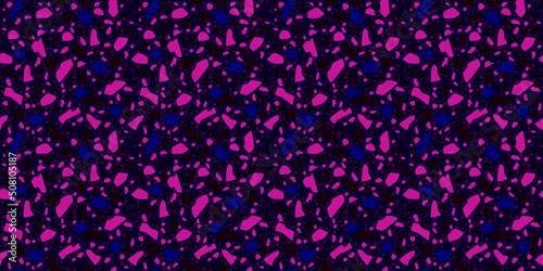 Terrazzo luxury style vector seamless pattern. Marble, stone, granite, pink and blue glass on dark background. Bright tile. Floor, wall, fabric, paper, rug premium print design. Magenta hue. Violet