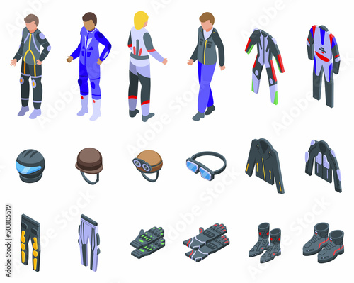 Biker clothes icons set isometric vector. Motorcycle gear. Bike jacket