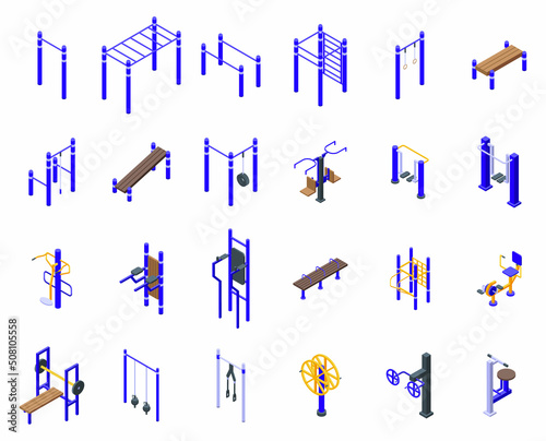 Sport workout on the street icons set isometric vector. Active training. Street gym