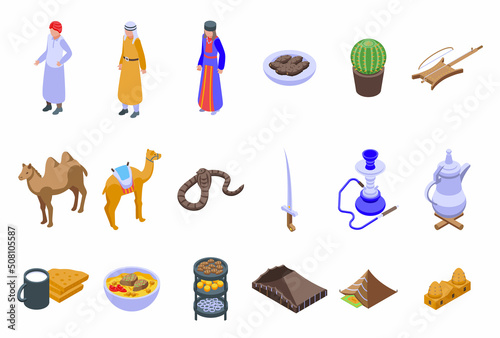 Bedouins icons set isometric vector. Arab desert. Ancient market