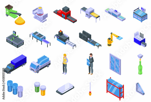 Glass production icons set isometric vector. Raw manufacturing. Window supply