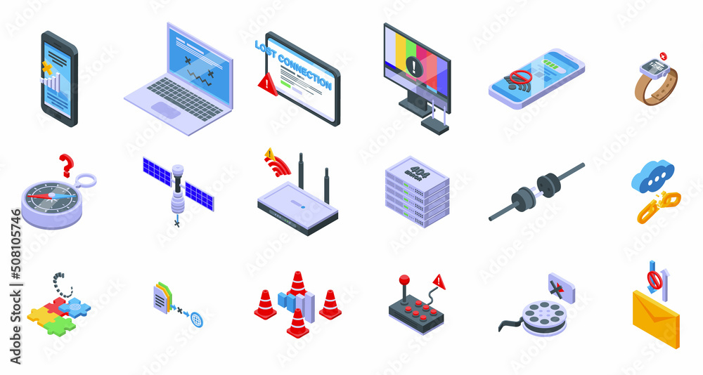 Lost connection icons set isometric vector. Antenna available. Cell connection Lost connection icons set isometric vector. Antenna available. Cell connection