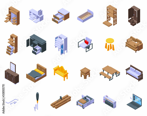 Furniture manufacture icons set isometric vector. Assemble making. Board carpenter