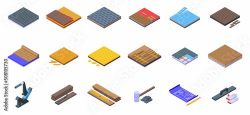 Floor installation icons set isometric vector. Wall wood. Material baseboard